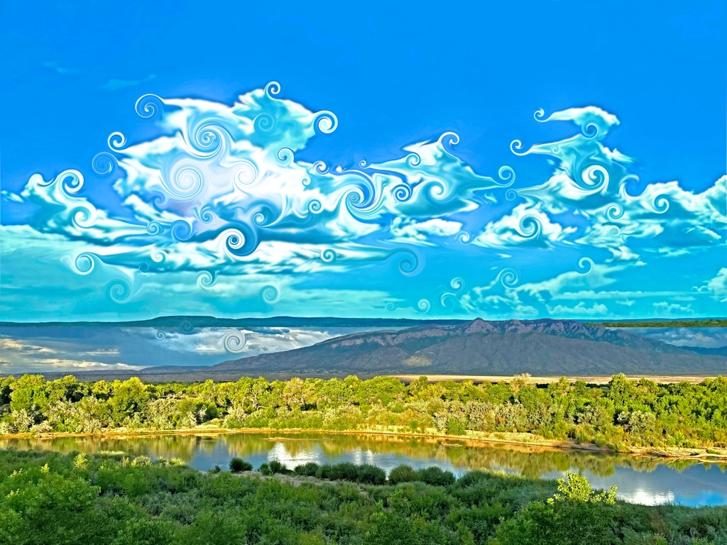 the Rio Grande and the Sandia Mountains