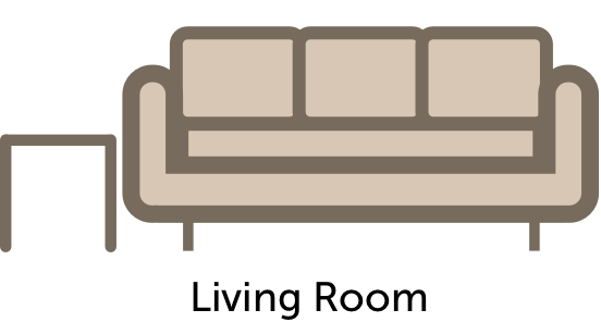 line drawing of a sofa, endtable, and a lamp