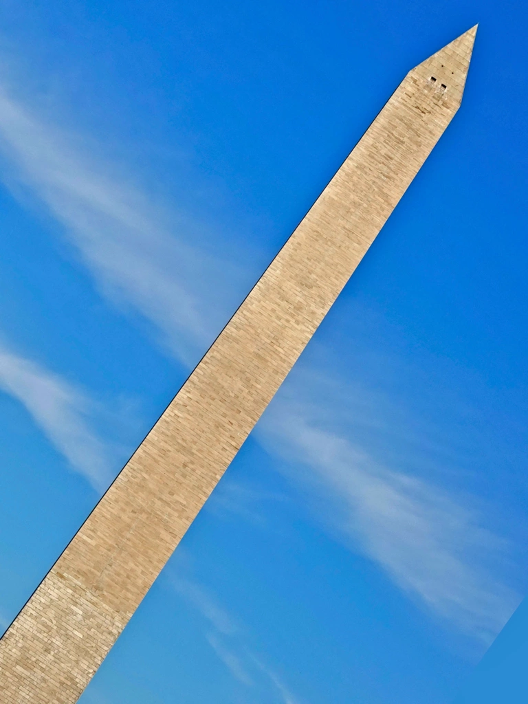 Washington Monument tilted 45 degrees like a rocket